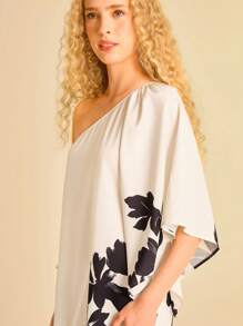 CAJUNI Robe mini femme à manches asymétriques à volants imprimé floral, noir et blanc, pour vacances d'été