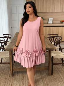 EMERY ROSE Plus Size Holiday Casual Sleeveless Dress With 3D Floral Decor - Pink - View 5