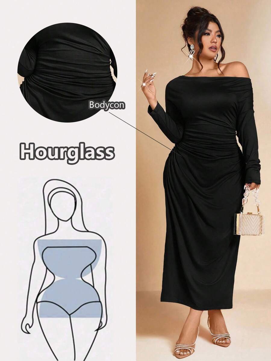 Allurite Plus Size Women's Solid Color Elegant Asymmetric Neck Wedding Dress
