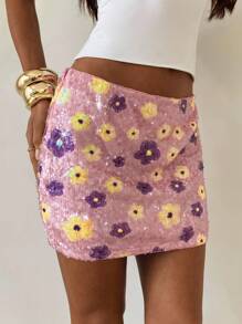 Aloruh Women's Summer Side Zipper Floral Sequin Embellished A-Line Skirt - Multicolor - View 4