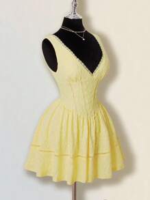 SHEIN ICON Elegantes ärmelloses Minikleid einfarbig Gelb aus Jacquard-Gewebe, Sommer - Gelb - Übersicht 6