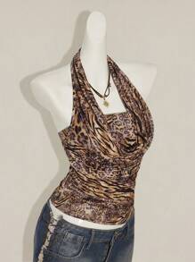 SHEIN ICON 2pcs Women Boho Brown Draped Country Concert Zebra And Leopard Print Bandeau Top And Strapless Camisole Set - Multicolor - View 8
