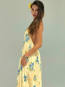 Aloruh Vestido largo con estampado floral, cuello profundo en V con volantes y espalda descubierta para playa para mujer - Multicolor - Ver 5