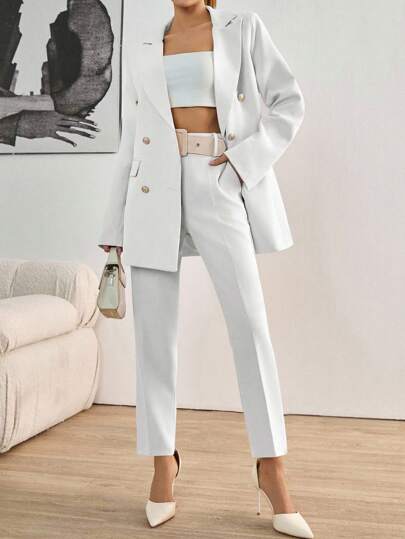 EURMUSE Women's Solid Color Double-Breasted Jacket And Long Pants Suit Set