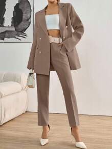 EURMUSE Women's Solid Color Double-Breasted Blazer & Pants Suit Set - Mocha Brown - View 1