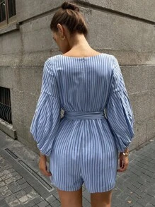 DAZY 女士V领条纹衬衫，宽松灯笼袖，撞色侧缝蝴蝶结连体裤，度假风，秋季女士连体睡衣套装 - 藍色 - 查看 3
