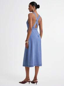 Daynim 女式不对称系腰中蓝色牛仔吊带裙 - 中等水洗藍 - 查看 2