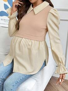 SHEIN 孕妇条纹印花二合一长袖休闲衬衫 - 卡其色 - 查看 6