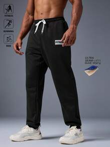 Manfinity Sport Corelite 男士字母印花弹力腰带抽绳口袋运动慢跑裤，吸汗轻盈舒适，修身剪裁，适合跑步、健身、休闲运动穿着。 - 黑色 - 查看 5