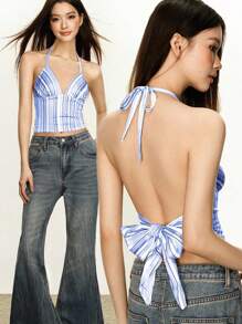 女士条纹性感露背露背上衣，适合度假穿着 - 藍白色 - 查看 4