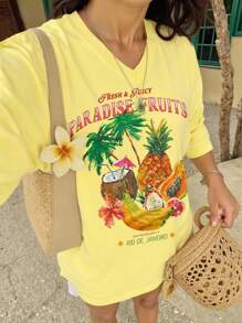 SHEIN LUNE 女士水果椰子印花V领T恤，夏季海滩度假女士大码T恤 - 杏色 - 查看 3