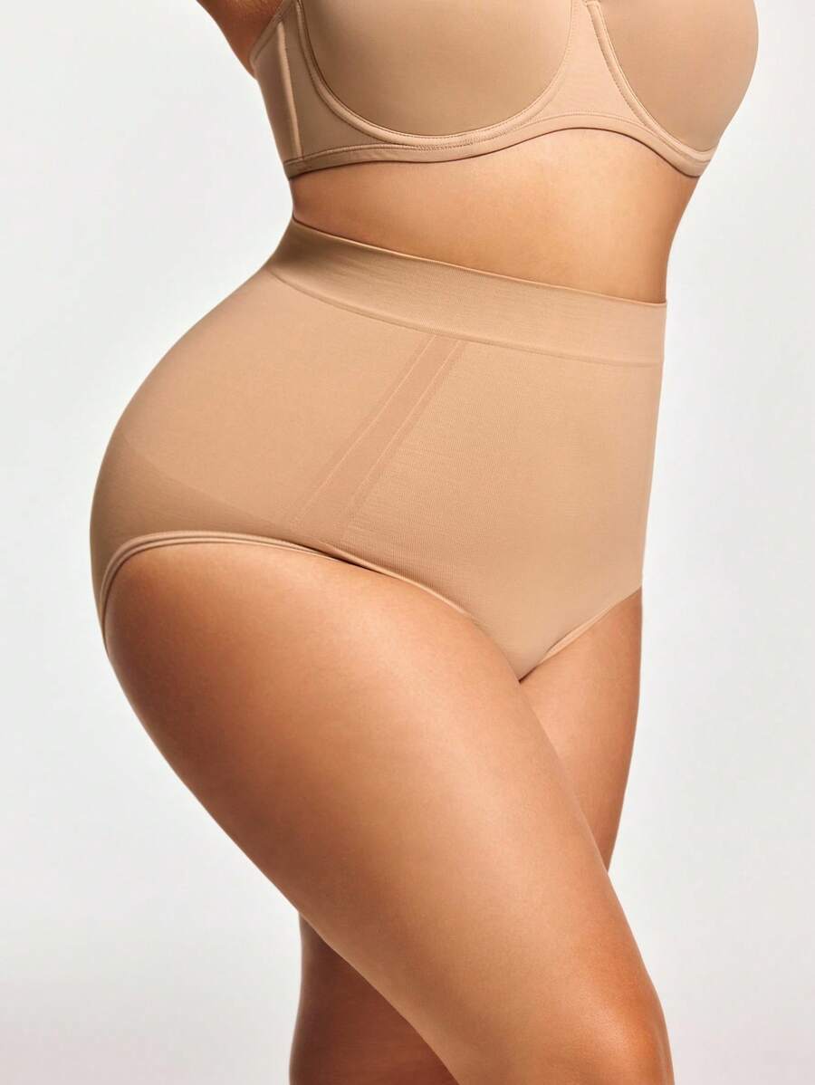 Plus Size Women's Everyday Tummy Control Triangle Panties For Body Shaping - Apricot - View 1