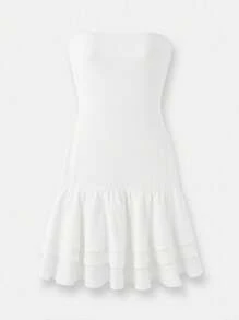 Maija White Strapless Ruffle Trim Fitted Short Dress, Elegant & Versatile For Spring/Summer, Holidays - White - View 5