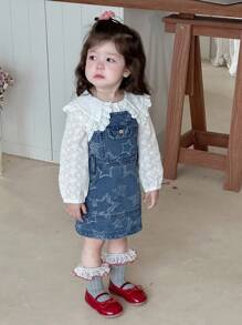 Hapijoa Baby Girl Star Print Casual Denim Pinafore Dress, Summer - Blue - View 8