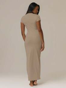 MUSERA ESSENTIALS 柔软如黄油般的短袖修身中长连衣裙，基础款休闲夏季可爱白色连衣裙，适合女士假日、秋季、冬季、圣诞节、新年派对 - 卡其色 - 查看 3