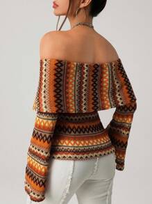 SHEIN ICON 波西米亚风复古乡村外出休闲复古拼色露肩喇叭袖T恤，秋季上衣 - 彩色 - 查看 2