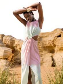 Lumivelle Robe midi fendue à volants et à col en V style pastoral fleuri pour femmes - Multicolore - Voir 3