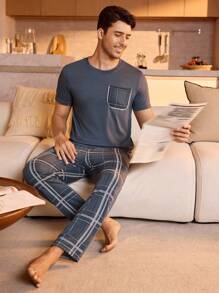 Manfinity Underwear&Sleepwear Basics Men Plaid Print PJ Set / Pajama Set - Blue and White - View 5