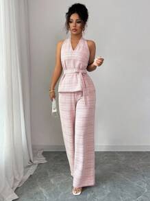 Elenzga Bộ đồ 2 mảnh áo yếm không tay cổ chữ V kẻ caro thanh lịch dành cho nữ + quần dài ống rộng cạp cao - Nhiều màu - Xem 6