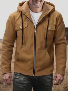 Manfinity Homme Casual Fashionable Versatile Everyday Zip-Up Hooded Long Sleeve Men's Jacket Men Zip Up Hoodie Brown Hoodie Men Zip Up Jacket Men Casual Jacket Brown Zip Up Jacket , Fall Winter - Brown - View 3