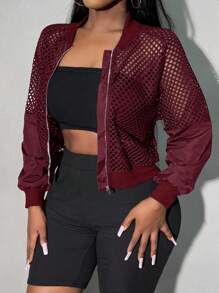 SHEIN SXY Women's Sheer Sleeve Patchwork Cropped Baseball Jacket In Fall/Winter - Burgundy - View 4