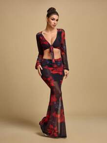 TrendSteals Summer Floral Print Mesh Patchwork A-Line Skirt Fall Women Clothes Back To School - Black - View 1