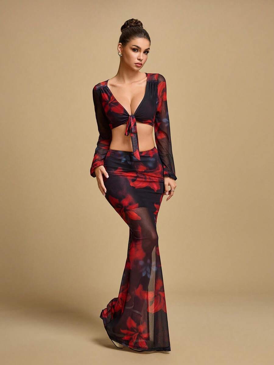 TrendSteals Summer Floral Print Mesh Patchwork A-Line Skirt Fall Women Clothes Back To School - Black - View 1