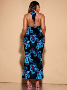 SHEIN BAE 大码女式夏季优雅度假日期花卉印花弹力网眼露背长裙 - 藍色 - 查看 2