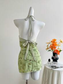 Sweetra 女士新款系带露背上衣和绿色迷你 A 字裙套装，适合海滩度假，春夏季 - 綠色 - 查看 2