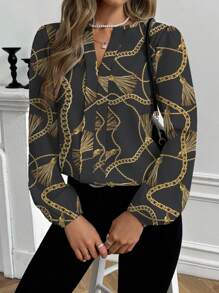 Shutterstock Glamance Casual Minimalist Women's Floral Print Long Sleeve Shirt, Suitable For Spring And Autumn Women Blouse Elegant Bird Print Blouse Floral Print Blouse Long Sleeve Blouse Women Fashion Blouse Fall Women Clothes Back To School Work Clothes Women Autumn And Winter - Black - View 3