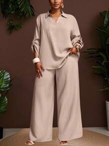 Veslaya Plus Size Casual Loose Solid Color Long Sleeve Top & Pants 2 Pieces Set - Khaki - View 1
