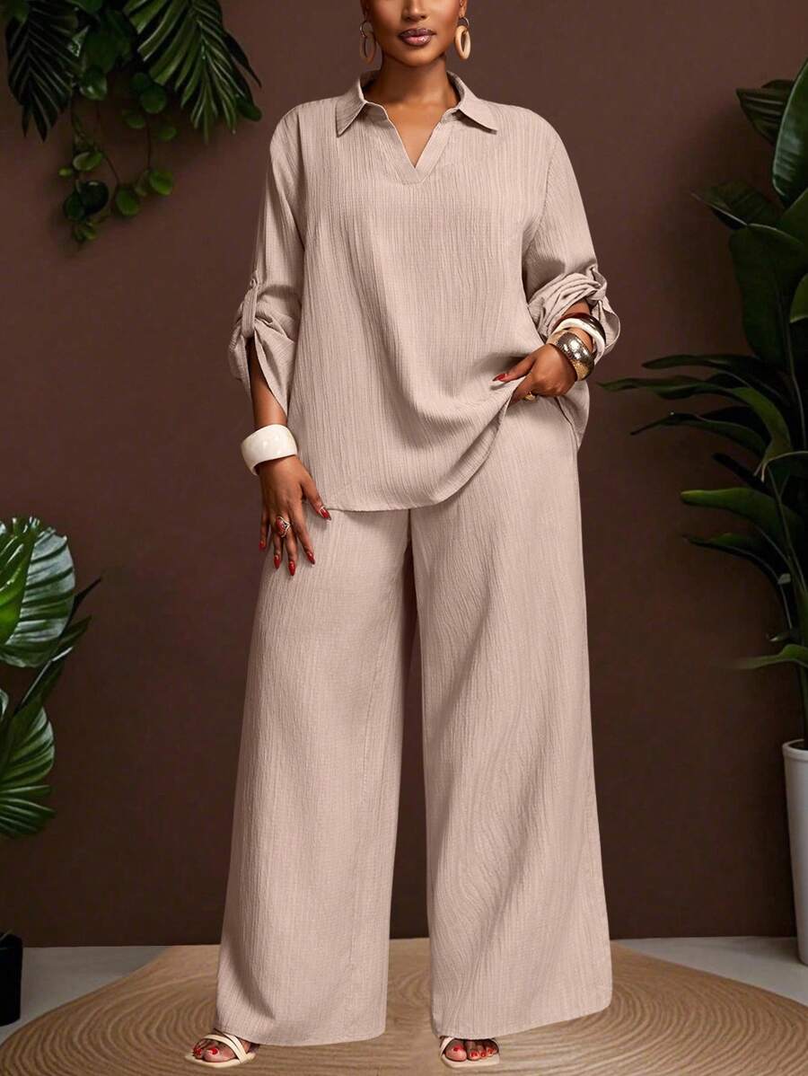 Veslaya Plus Size Casual Loose Solid Color Long Sleeve Top & Pants 2 Pieces Set - Khaki - View 1