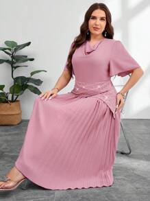 Modelyn Váy xếp ly đính đá pha lê thanh lịch cỡ lớn mùa hè - Màu tím hoa cà - Xem 7