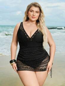 Swim Lushoire 大码纯色V领褶饰腰部时尚休闲泳裙