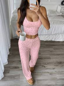 Flirla 2pcs Ribbed Fabric Camisole Top And Pants Casual Loungewear Set - Pink - View 4