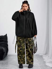 SHEIN CURVE+ Curves 大码/学校服装/返校服装/返校女士大码落肩抽绳拉链连帽夹克，女士秋装、冬季、CURVE PLUS - 黑色 - 查看 6