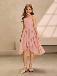 Đầm dự tiệc dài vừa phải hở vai dây mảnh màu hồng sang trọng thanh lịch dành cho bé gái tuổi mới lớn, thích hợp cho tiệc sinh nhật, đám cưới, vũ hội, tiệc chiêu đãi, biểu diễn, phù dâu và kỳ nghỉ - Hồng - Xem 3