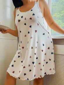 SHEIN 可爱心形罗纹印花休闲柔软亲肤可调节肩带露背吊带背心家居睡裙 - 彩色 - 查看 6
