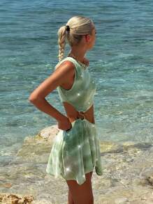 Sweetina Vestido asimétrico de hombro para mujer con lentejuelas y diseño hueco en la cintura, ropa de mujer para otoño - Verde militar - Ver 4