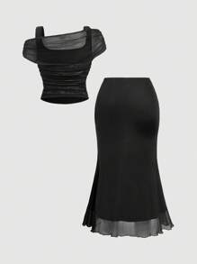 SHEIN MOD 1 套加大码网眼花卉印花不对称领口上衣和网眼鱼尾裙，假日装