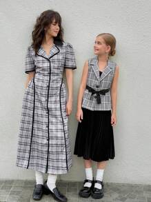 SHEIN 少女法式 A 字型喇叭长裙，夏季泡泡袖格子高腰复古风格 - 深灰色 - 查看 5