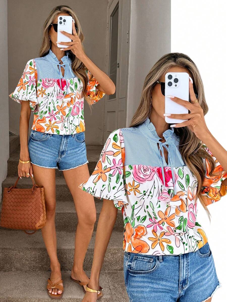 SHEIN LUNE 女式夏季蓝白条纹拼布花卉印花蕾丝领衬衫