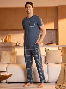 Manfinity Underwear&Sleepwear Basics Men Plaid Print PJ Set / Pajama Set - Blue and White - View 1