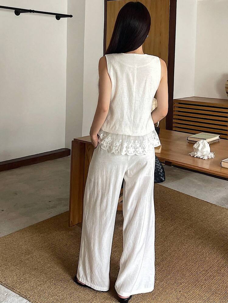 2pcs/Set Summer Casual Lace Patchwork Camisole And Wide Leg Pants Set For Women