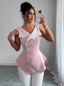 Elenzga Women's Contrast Lace Single-Breasted Sleeveless Small Lapel Lightweight Blazer - Dusty Pink - View 5