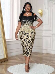 SHEIN Lady 加大码女式露肩短袖修身优雅连衣裙 邮轮装 女士正式连衣裙 女士连衣裙 优雅优雅女士连衣裙 豹纹印花 女士高档服装 动物印花外出连衣裙 端庄连衣裙 - 彩色 - 查看 4