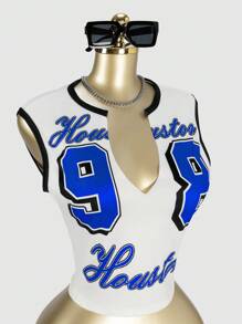 SHEIN SXY Áo ba lỗ in họa tiết đường phố không tay gợi cảm, mùa xuân/hè - Màu xanh lam - Xem 4