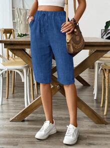 Breezaya 女士纯色抽绳休闲松紧腰短裤，适合假期穿着 - 藍色 - 查看 6