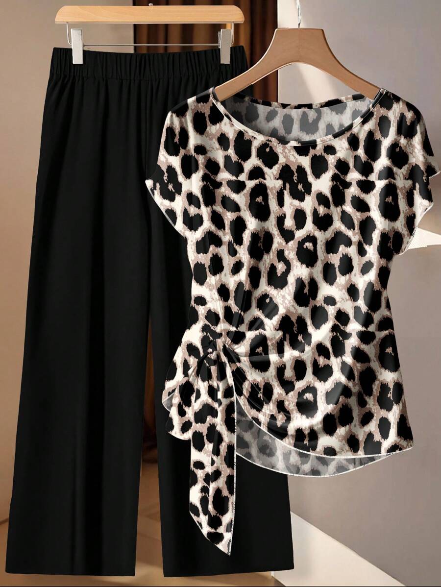 SHEIN Clasi 大码女式豹纹蝙蝠袖侧结上衣和裤子两件套