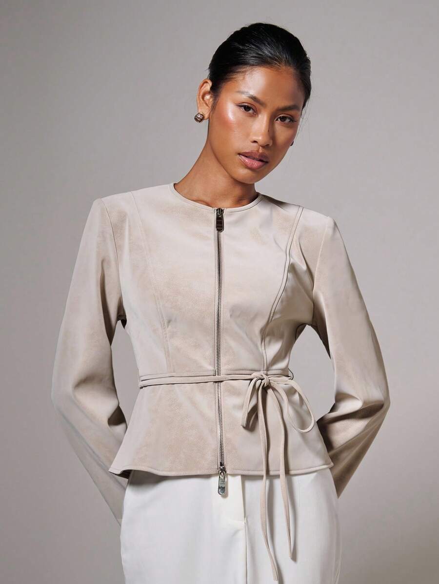 COSMINA Áo khoác lửng thắt lưng da lộn thời trang thu thường ngày cho nữ - Màu Khaki - Xem 1